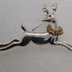 Reindeer Silver~Goldtone Wreath Blue Rhinestone Eye~Lapel Pin Brooch 2.5 x 1.5